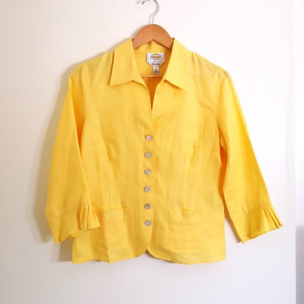 NWOT Talbots Irish Linen Blazer/Top Button Front 3/4 Sleeves Yellow Size 6